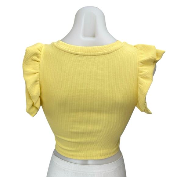 Zara Women's Yellow Rib Knit Short Ruffle Flutter Sleeve Crop Top Blouse Size S - Picture 2 of 3